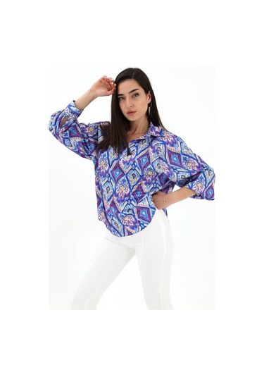Reglan Kol Baskılı Saten Gömlek - Mavi-mavi Mavi