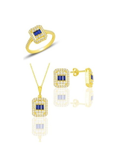 Gümüş Altın Yaldızlı Baget Kesim Safir Taşlı Çizgili Üçlü Set