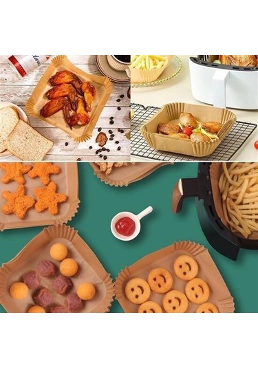 9072618519435drvs1 - 50 Adet Air Fryer Pişirme Kağıdı Tek Kullanımlık Hava Fritöz Yağ Geçirmez Yapışmaz Kare Tabak Model