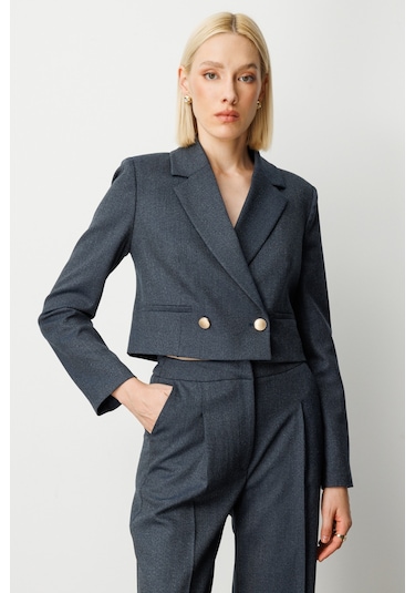 Ekol Simli Kumaş Kadın Crop Ceket 26k.ekl.ckt.05169.1 Lacivert