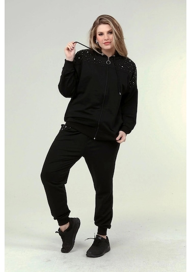 Taş Baskılı İncili Eşofman Takım Siyah