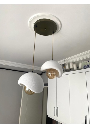 Beton Görünümlü Modern Şık İskandinav Tarz 2 Başlı Avize 25cm Rustik Ampul Hediyeli Nestvibe Eskitme - Gold