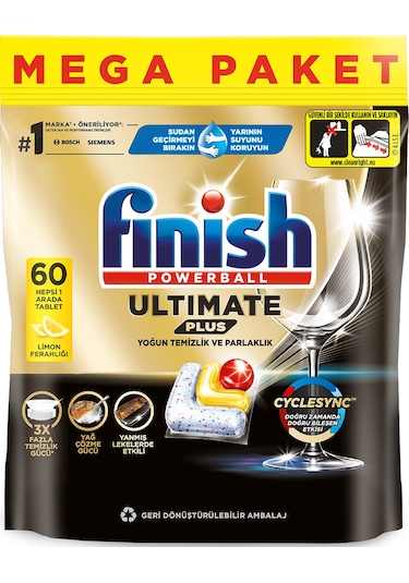 Finish Ultimate Plus Hepsi Bir Arada Limon Bulaşık Makinesi Deterjanı Tableti 60 Kapsül
