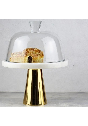 Akayev Mermer 25 Cm Altın Konik Ayak Beyaz Kalın Cam Fanus