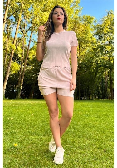 Neşeli Butik Kadın Yeni Sezon Piliseli Alt Üst İkili Takım Nb10047 Bej