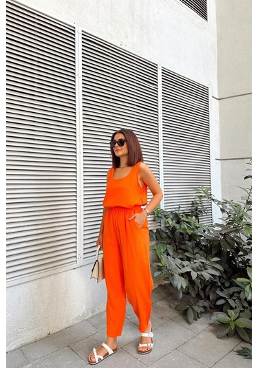 Turuncu İthal Müslin Kumaş, Basic, Katlı, Salaş Askılı Bluz & Atlet Turuncu