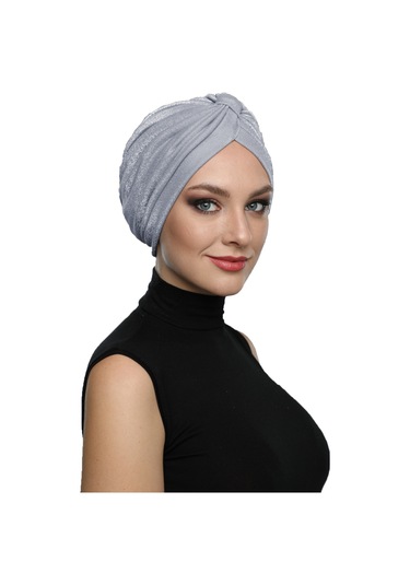 Simli Pike Çapraz Bantlı Astarlı Açık Gri Hazır Türban Tesettür Bone Abiye Açık Gri