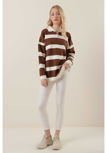 Gabria Fermuarlı Çizgili Kazak Kahverengi