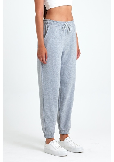 Kadın Gri Pamuklu Kalın Paçası Lastikli Yüksek Bel Rahat Jogger Eşofman Altı Gri