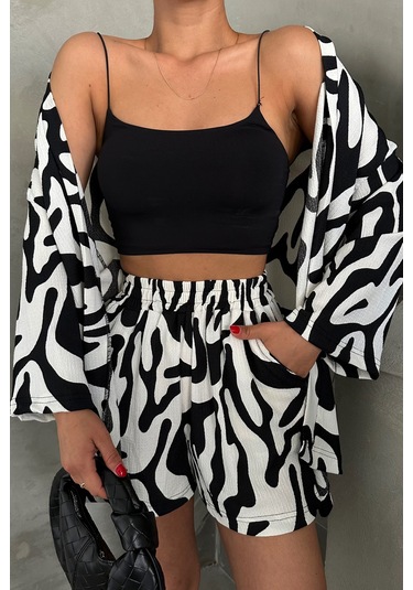 Modagen Kadın Zebra Desenli Kimono Şort Alt Üst Takım Siyah Beyaz