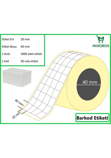 40x20 Mm Termal 4'lü Ürün Barkod Etiketi 1 Rulo: 5000 Adet Etiket 1 Koli: 50 Rulo Etiket