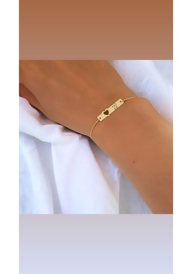 Archin Ü Harfine Özel Kalp Motifli 14 Ayar Altın Plakalı Zincirli Hediye Bileklik-432harf Ü