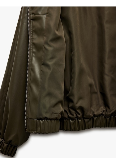 Koton Fermuarlı Cepli Uzun Kollu Kapüşonlu Crop Suni Deri Bomber Ceket Yeşil 6wak20016ew Yeşil