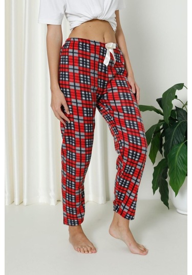 Luxury Soft Welsoft Polar Desenli Kurdeleli Kışlık Pijama Altı Pantolon Siyah Kırmızı Ekose Siyah - Kırmızı