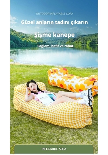 Ankatek Desenli Hava Yatağı, Baş Destekli Tek Kişilik, Kamp İçin Taşınabilir Sarı Sarı Sarı