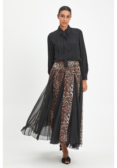 Kadın Leopar Desenli Şifon Etek - Katmanlı, Hafif Ve Zarif Tasarım - Günlük Ve Özel Davet Kullanımı İçin Etek CAMEL