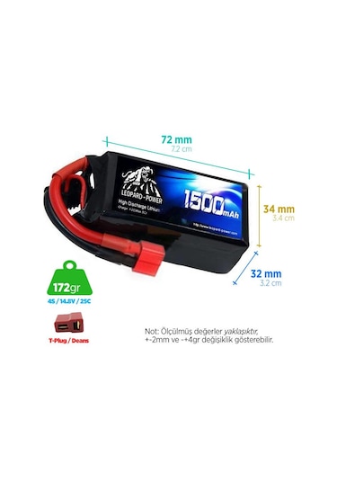 Leopard Power 1500 mAh 14.8V 4S 25C Lityum Polimer Lipo Batarya Pil T Plug