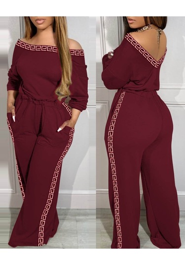 Soonaksesuar Kadın Uzun Kollu Omuzlardan Açık Beli Lastikli Cepli Şerit Desenli Viskon Iki Iplik Tulum Bordo