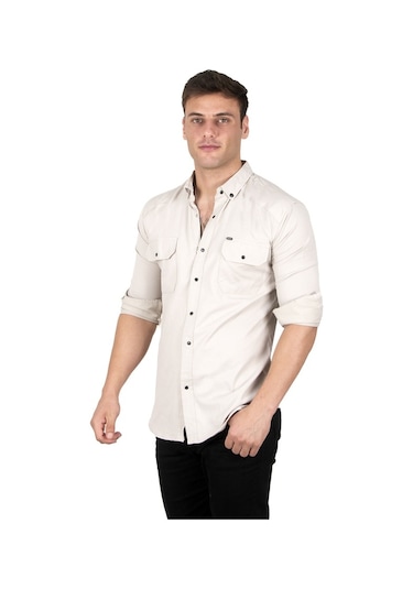 Deepsea Erkek Bej Fitilli Çıtçıtlı Kot Gömlek 300421 Bej