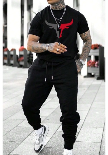 Unisex Boğa Baskılı Eşofman Takımı Siyah