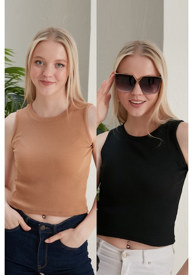 Catspy Kadın Halter Yaka 2'li Crop Bluz Atlet Camel - Siyah