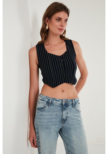 Lela Slim Fit Kalp Yaka Düğmeli Kalın Askılı Crop Bayan Yelek 5865497 Lacivert Çizgili