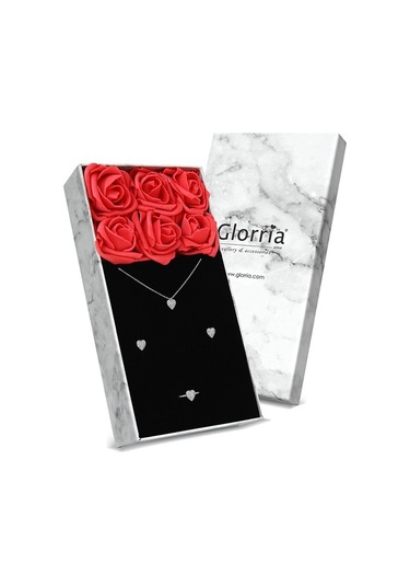 Glorria Gümüş Kalp Anturaj Kolye, Küpe, Yüzük, Çiçekli Hediye Set