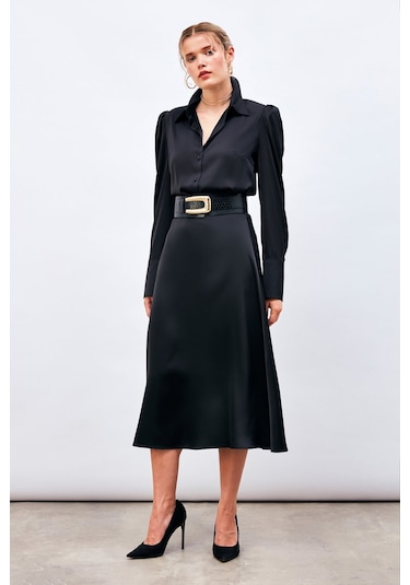Sateen Midi Boy Saten Etek - Siyah
