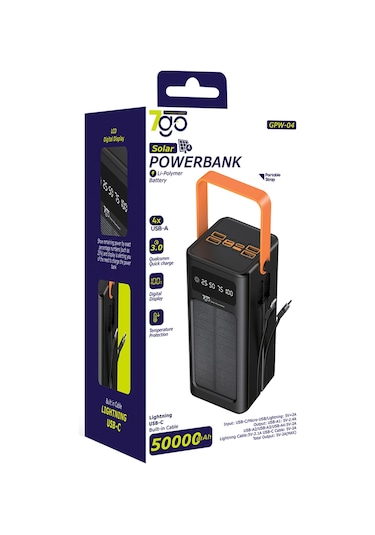 7go Gpw-04 50.000mah Solar Powerbank 4xusb-a, Qualcomm 3.0 Şarj Dahili Lightning & Usb-c Ka Siyah