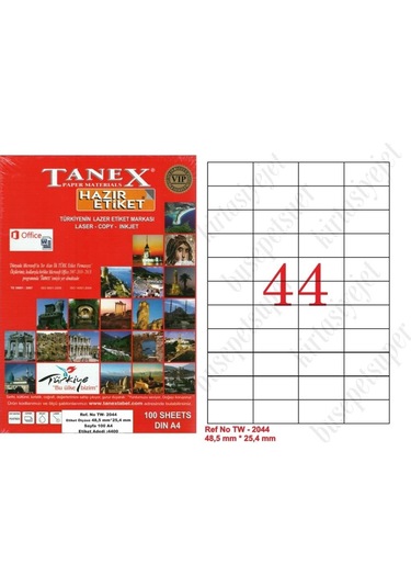 Tanex Tw-2044 Ebat 48 X 25 MM Lazer Etiket A4 Sayfada 44 Etiket