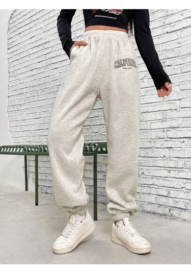 West Coast Eşofman Altı Jogger - Gri Baskılı Lastik Paça Yüksel Bel Gri