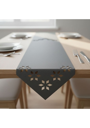 1 Adet Deri Runner-40x140 Cm-çiçek Desenli Runner Gri