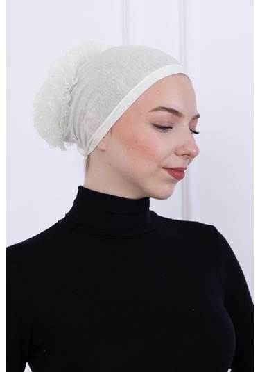 Fırfırlı Önden Dikişli Penye Bone - Kadın Tesettür Bağlamalı Topuz İç Bone-ekru - Kırık Beyaz Ekru