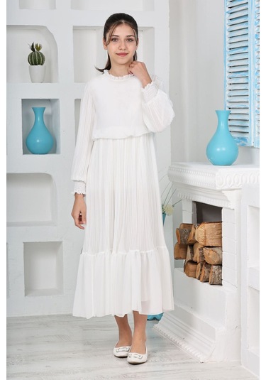 Kız Çocuk Uzun Boydan Pliseli Pamuklu Şifon Uzun Elbise Beyaz