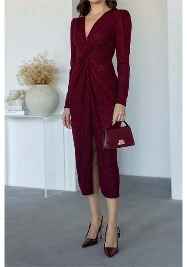 Kadın Büzgü Detaylı Simli Gece Elbisesi Dpnbmy3633 Bordo