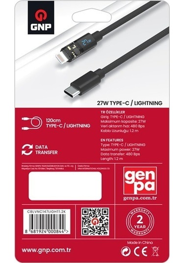 Gnp 27w Type-c To Lightning Led Ekran Kablo 120cm Genpa Garantili