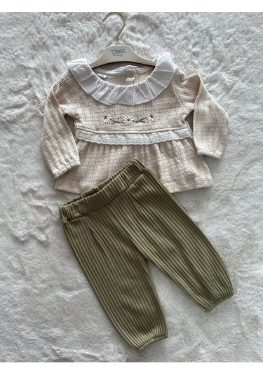 Yakası Papatyalı Müslin Kz İkili Takım Bej