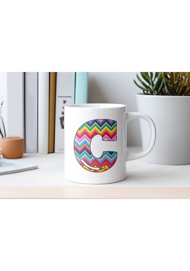 C Harfi Renkli Zigzag Desenli Kupa Bardak - Afrika Tarz Etnik Tasarım Kupa - Kişiye Özel Beyaz