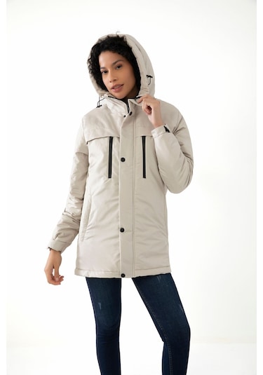 Kadın Taş Içi Polarlı Su Ve Rüzgar Geçirmez Kapüşonlu Kışlık Mont Kaban Parka Taş