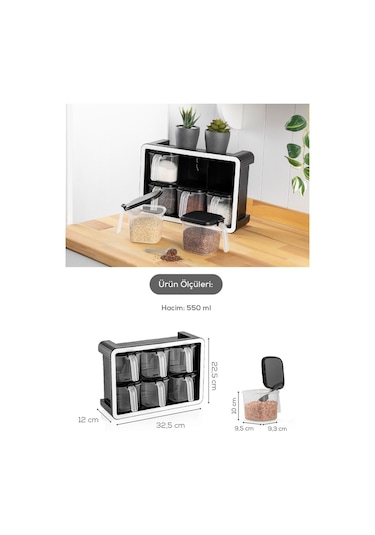 Vienev 6lı 500 Ml Standlı Kendinden Yapışkanlı Kaşıklı Baharatlık Seti Antrasit