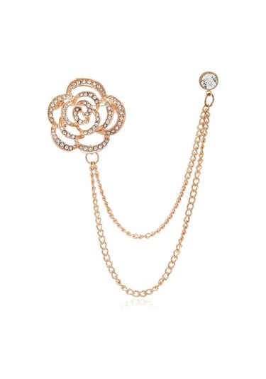 Novahub Moda Elmas İşlemeli Oyuk Çiçek Saçaklı Zincir Broş Yaka İğnesi Rozet Giyim Aksesuarları Altın Altın