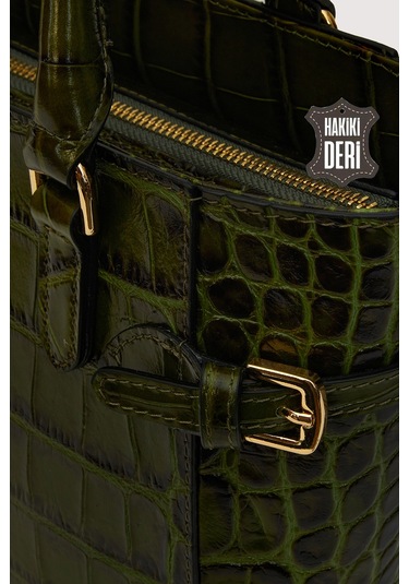 Hakiki Deri Kadın El Çantası Yeşil Kroko Smr7922 Yeşil Kroko