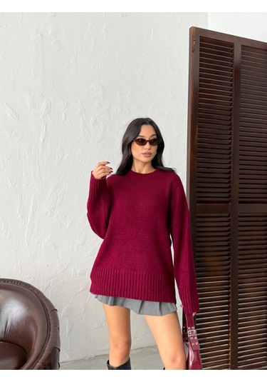 Kadın Yumuşak Dokulu Bisiklet Yaka Oversize Basic Triko Kazak Bordo