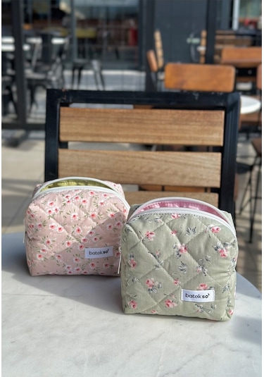 Batekso 2'li Pembe Ve Yeşil Çiçek Desenli Makyaj Çantası  Küçük Boy