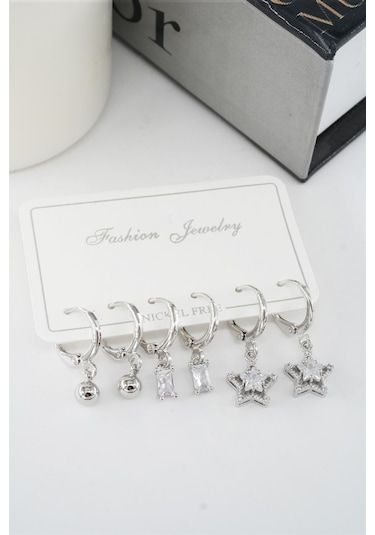 Byzeynaaksesuar Kadın Zirkon Taşlı Sallantılı Yıldız Figürlü Klipsli 6'lı Küpe Seti Çok Renkli