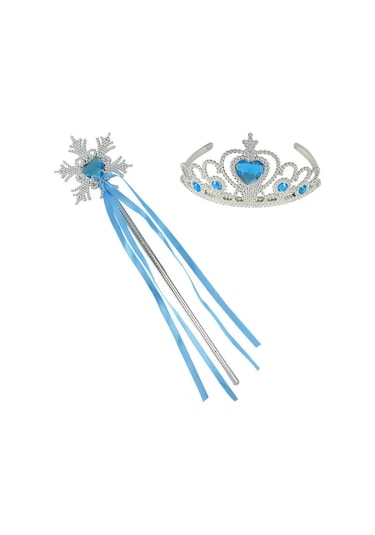 Karlar Ülkesi Elsa Mavi Kalp Tacı Ve Kar Temalı Asa Seti