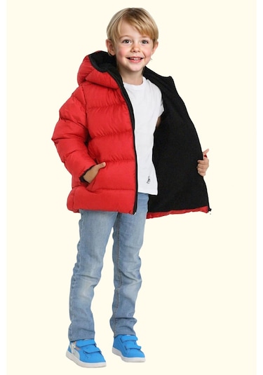 Erkek Çocuk Polarlı Kapüşonlu Su Geçirmez Rüzgara Dayanıklı Şişme Kışlık Mont Kırmızı