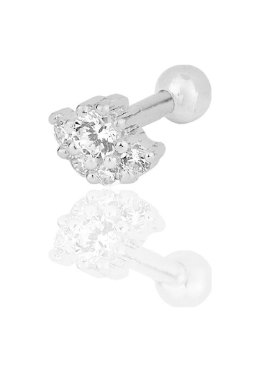 Gümüş Rodyumlu Zirkon Taşlı Tragus Helix Piercing Küpe Gümüş