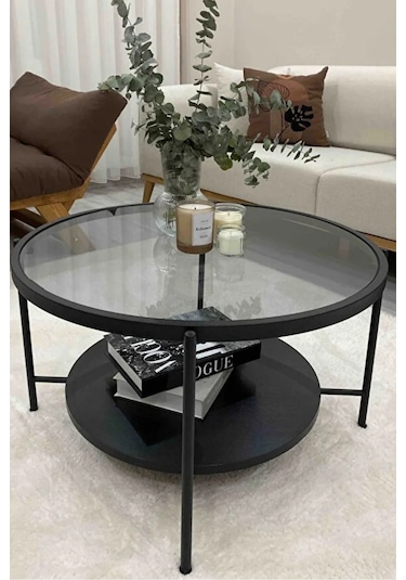 Nordic Orta Sehpa Temperli Cam 75 Cm Demonte Çizilmez Kırılmaz Metal Çerçeve Raflı Minimalist Sehpa - Siyah Siyah