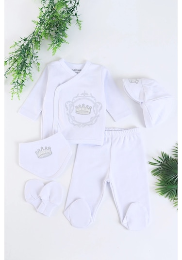 Nakış Desenli Müslin Erkek Bebek Hastane Çıkışı Bebek Kıyafetleri Yenidoğan Hastane Çıkış Seti 5 Li Beyaz